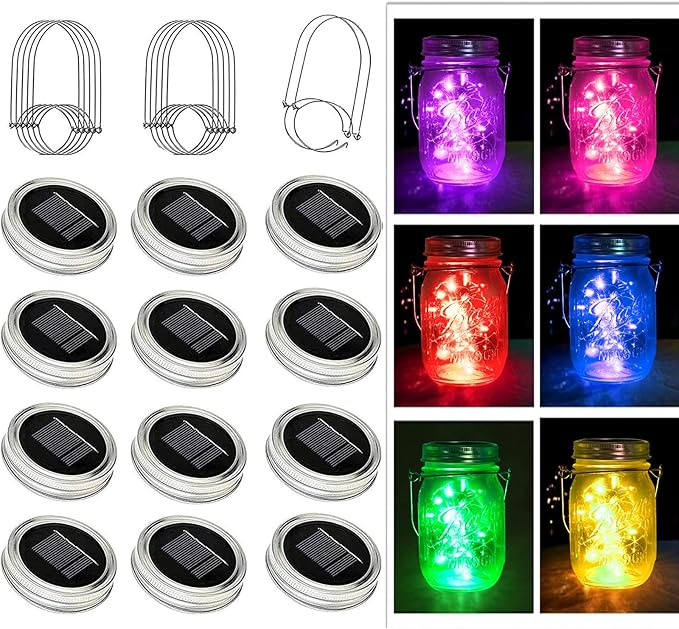 YJFWAL Solar Mason Jar Lights, 12 Pack 30 LED Fairy Firefly String Mason Jar Lids Lights with 12 Hangers (No Jars), DIY Mason Jar Patio Garden Wedding Party Birthday Decor