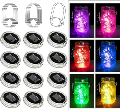 YJFWAL Solar Mason Jar Lights, 12 Pack 30 LED Fairy Firefly String Mason Jar Lids Lights with 12 Hangers (No Jars), DIY Mason Jar Patio Garden Wedding Party Birthday Decor