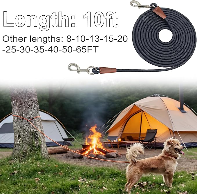 Tie Out Rope Dog Leash, Long Tether 8-10-13-15-20-25-30-35-40-50-65 FT Nylon Check Cord for Medium Large Dogs Indoor/Outdoor Camping Backyard (Black, 3/8" x 10ft)