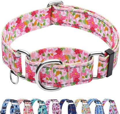 Reflective Martingale Collar for Dogs Nylon Training Collar with No Buckle Cute Floral No Pull Dog Collar for Large Dogs（Pink Flower，L）