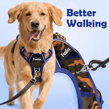 Funfox Dog Harness No Pull, Adjustable Pet Vest Harness, Super Soft Material with Vertical Handle Easy Control, Reflective Night Walking, 2 Leash Clips for XLarge Dogs, Camo Orange, XL