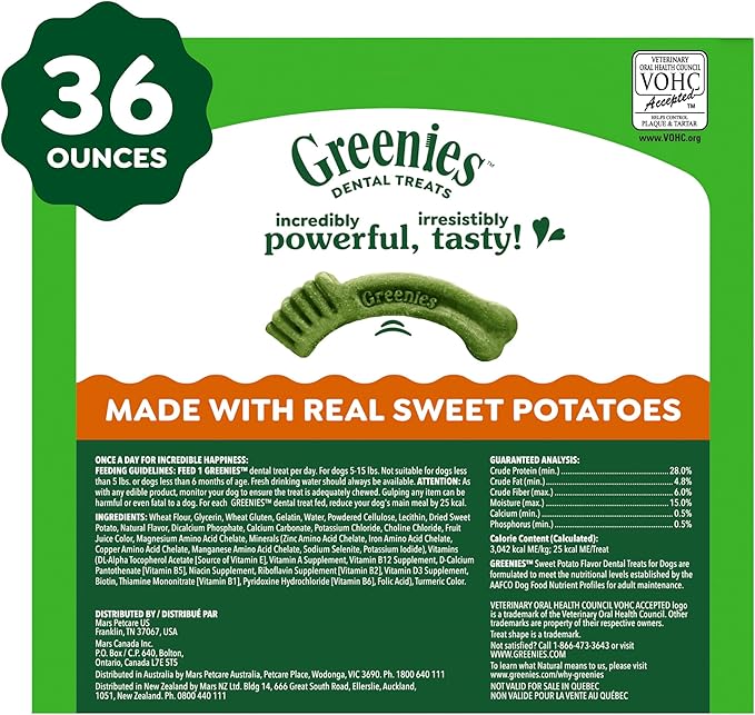 Greenies Dog Treats Veterinarian-Recommended Natural Dental Treats for Dogs, Teenie Size, Sweet Potato Flavor, 36 oz. Pack, 130 Count