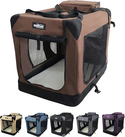 EliteField 3-Door Folding Soft Dog Crate with Carrying Bag and Fleece Bed (2 Year Warranty), Indoor & Outdoor Pet Home (36" L x 24" W x 28" H, Brown)