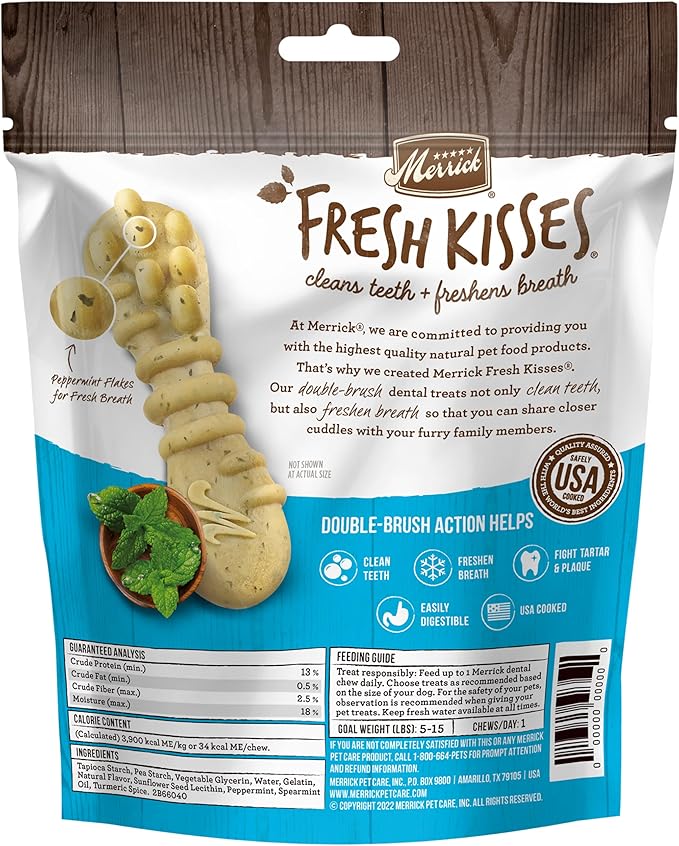 Merrick Fresh Kisses Natural Dental Chews Toothbrush Treat Shape Infused with Real Mint for Tiny Dogs 5-15 Lbs - 20 ct. Bag (Pack of 2)
