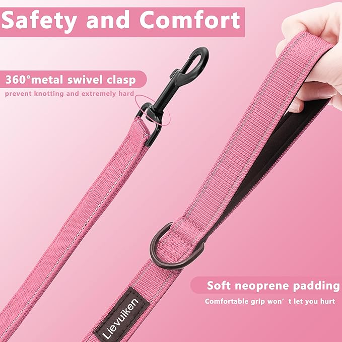 Dog Leash 6.5ft Long, Double Handle Dog Leash for Safety Control Training, Heavy Duty Dog Leads with Traffic Padded Handles, Reflective Leashes for Small Medium Large Dogs(6.5ft, Pink)