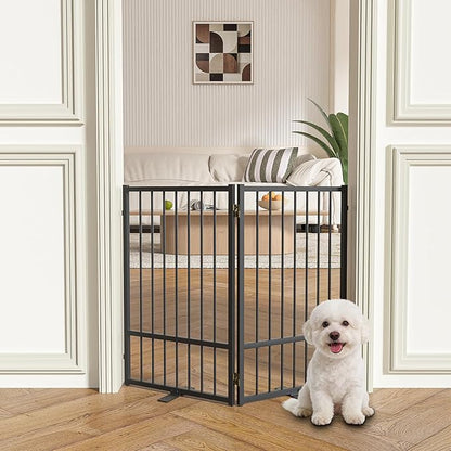SNUOWU Full Metal Freestanding Dog Gate with Door, 32''Height Foldable Pet Dog Fence for Indoor & Outdoor, 2 Panels Extra Wide Free Standing TallDog Gates for Doorways,House,Stairs,Porch,Deck,Yard