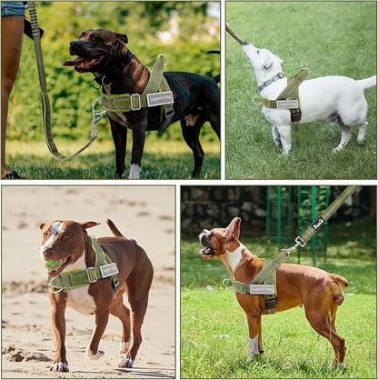 SlowTon No Pull Dog Harness - Heavy Duty Dog Harness and Leash Set for Medium Large Doggies, Reflective Tactical Harness with Soft Padded and Front Clip for Easy Walk and Training (Green S)