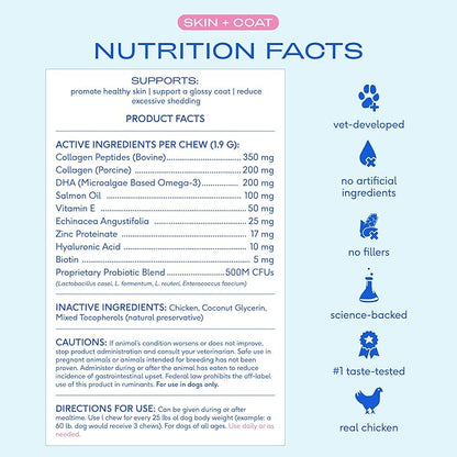 Native Pet Skin & Coat Chews - Omega 3 Fish Oil for Dogs Skin & Coat Supplement - Itch Relief, Shiny Fur & Shedding Support - Collagen, Hyaluronic Acid, Biotin, Probiotics & Salmon Oil - 120 Chews