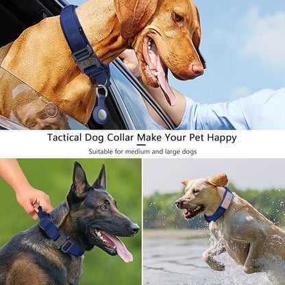 DAGANXI Tactical Dog Collar, Adjustable Military Training Nylon Dog Collar with Control Handle and Heavy Metal Buckle for Medium and Large Dogs, with Patches and Airtags Case (Midnight Blue, XXL)