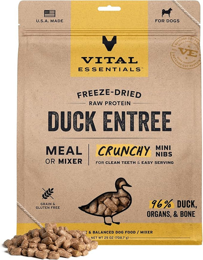 Vital Essentials Freeze Dried Dog Food, Raw Duck Crunchy Mini Nibs | Complete Meal or Topper | 96% Duck, Organs & Bone | Limited Ingredient, High Protein, Grain Free Dry Dog Food | 25 oz Bag