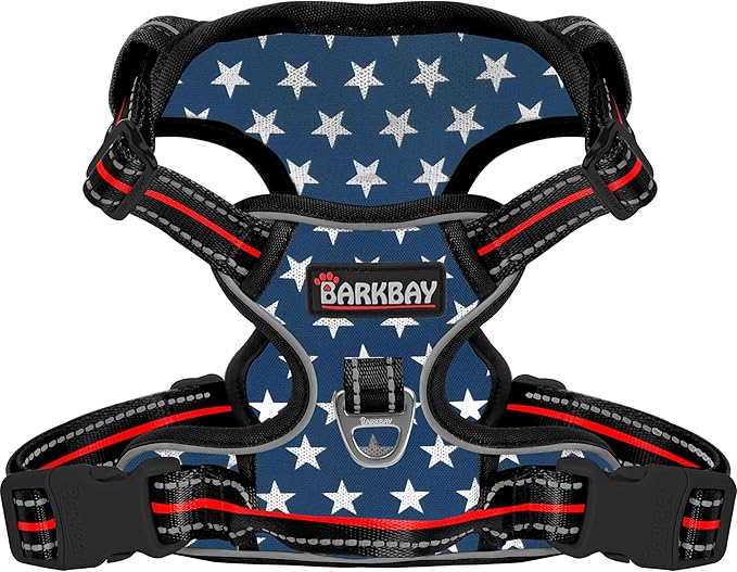 BARKBAY Dog Harness No Pull Mesh for Large Dogs - Adjustable, Reflective, Comfortable, No Choke, Heavy-Duty - Perfect for Outdoor Training, Walking, and Hiking - Strong & Durable - L & Blue Star Mesh