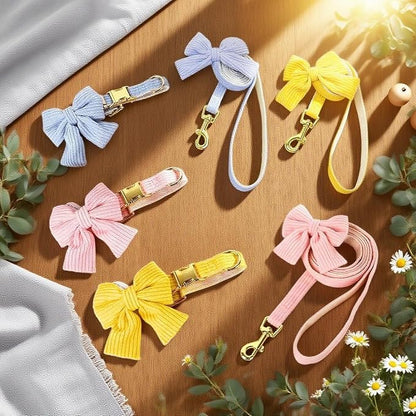 Dog Collar and Leash Set with Bowtie, Girl Dog Collars Metal Buckle Adjustable for Small Medium Dogs (Yellow, M: Neck 13"-22" Leash 5 FT)