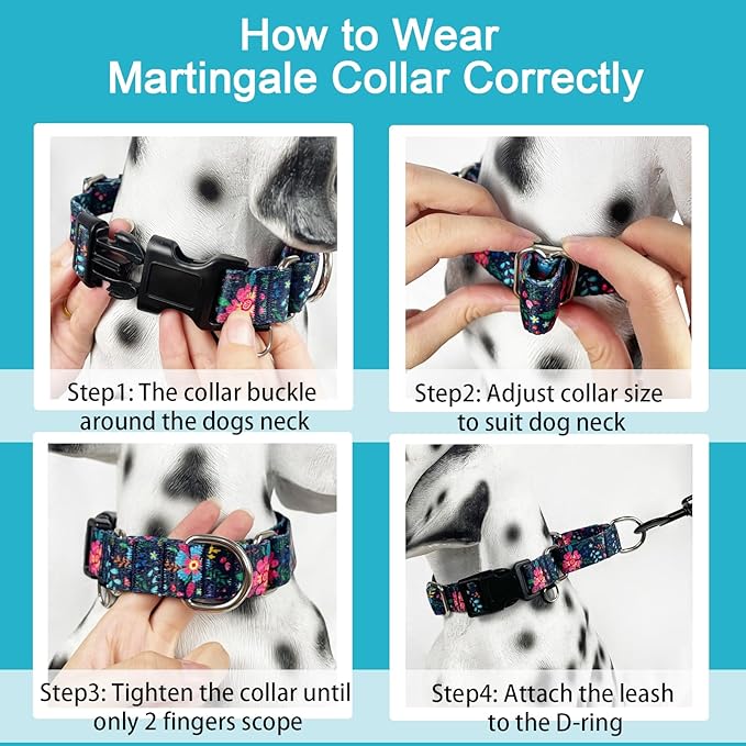Martingale Collar for Dogs Floral Dog Collars for Small Medium Large Dogs with Buckle Adjustable Soft Nylon Dog Collar (Blue Pink Flower, Small)