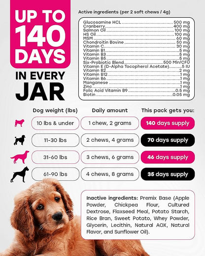 24-in-1 Daily Multivitamin Dog Chews – Joint, Skin & Coat, Digestion & Immunity Support – Glucosamine, Omega-3, Probiotics for Gut Health – PhD-Endorsed, 140 Chews, Bacon Flavor