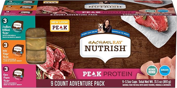 Nutrish Peak Protein Wet Dog Food Variety Pack, High Protein, Grain Free, 3.5oz Cups (Pack of 9), 2 Count (Rachael Ray)