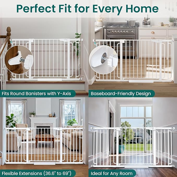 Cumbor 29.7-51.5" Baby Gate (White) & 36.6-69" Extra Wide Dog Gate (White) for Stairs, Doorways & Hallways
