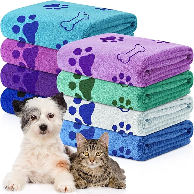 Chumia 8 Pcs Dog Towels for Drying Dogs Cats Pet Towels Bulk Puppy Microfiber Fast Drying Paw Bath Bathing Supplies Absorbent for Medium Pets(18 x 28 Inch,Dog Paw and Bone,Classic Color)