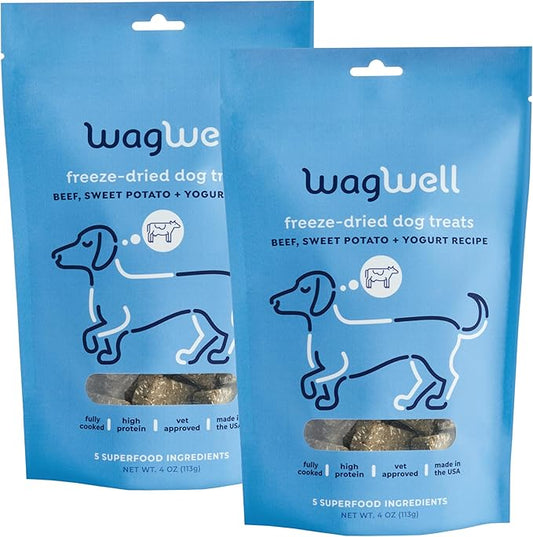 WagWell Freeze Dried Dog Treats, Beef + Yogurt + Sweet Potato Flavor | Training Treats, Food Topper, Healthy Snack for Dogs | Human Grade, Grain Free, High Protein | Made in USA | 4 oz Bag, 2 Pack