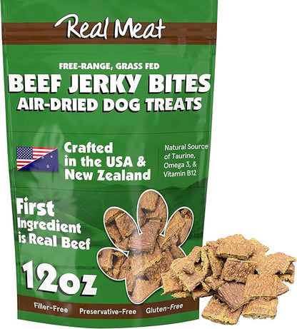 TRMC Real Meat Dog Treats - 12oz Bag of Bite-Sized Air-Dried Beef Jerky for Dogs - Grain-Free Jerky Dog Treats Made up of 95% Free-Range, Grass Fed Beef - All-Natural High Protein Dog Treats