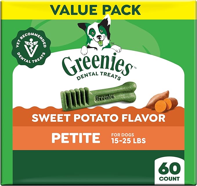 Greenies Veterinarian-Recommended Adult Natural Dental Dog Treats Petite Size, Sweet Potato Flavor, 36 oz. Pack, 60 Count