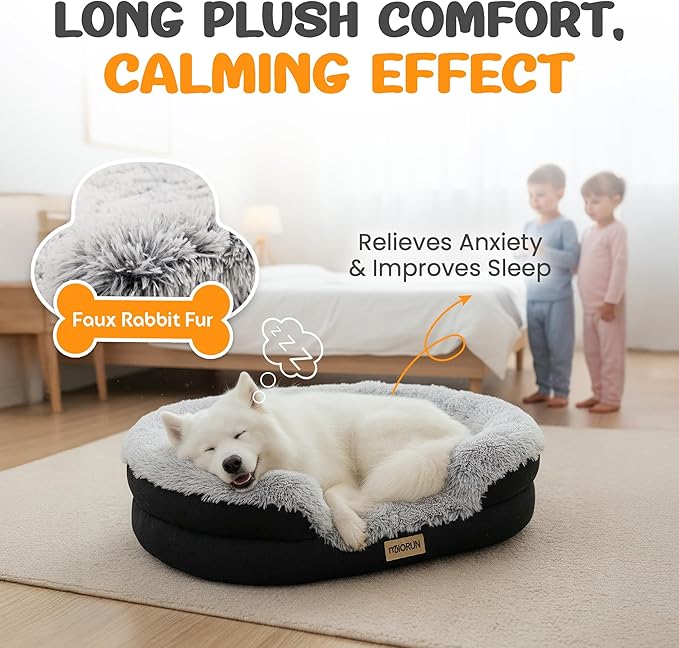 Fluffy Orthopedic Jumbo Dog Bed for Extra Large Dogs, Calming Plush Sofa Bed with Curved Bolster Support, 48" Cozy Oval Pet Donut Bed with Washable Cover, Gray