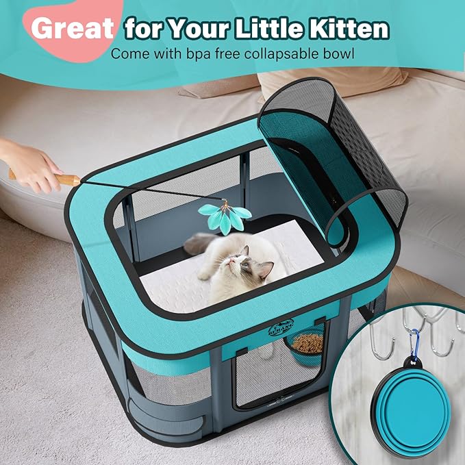 Puppy Playpen Cat Dog Crate: Play Pen Indoors Pet Playpens Portable Foldable Cage Kennel House for Medium Small Large Kitten Rabbit Guinea Pig Hamster with Food Bowl (Grey, L, 1)