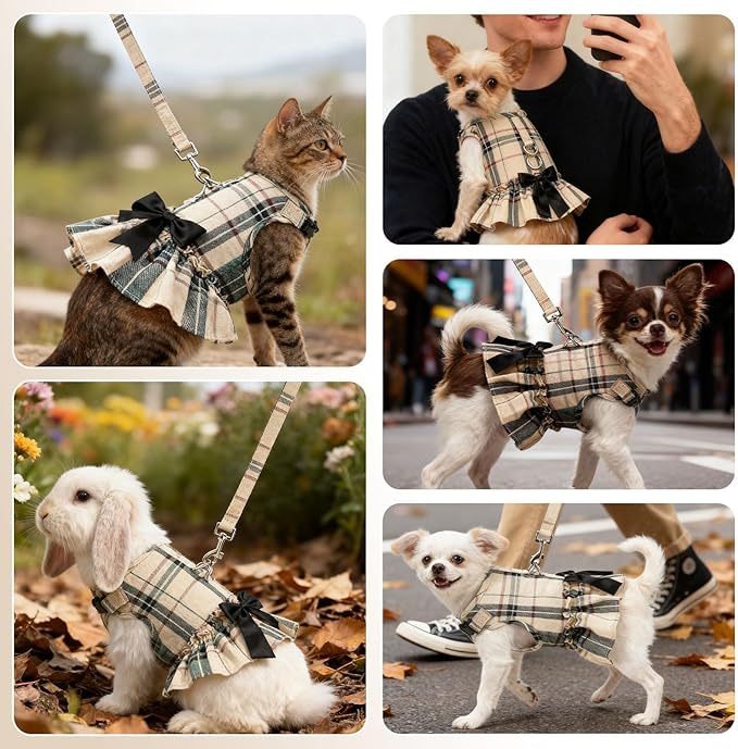 EXPAWLORER Dog Harness Small Medium Sized Dogs, Plaid Dog Dress Bowknot Harness and Leash Set, No Choke No Pull Soft Mesh Vest Cute Princess Puppy Outfits Clothes Costume for Girls Party Cats Beige XS