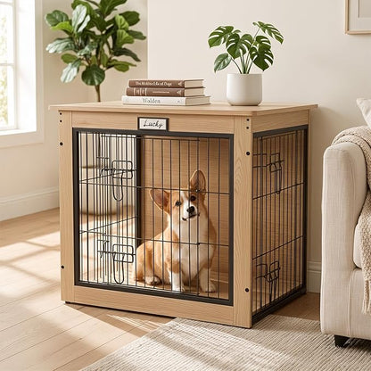 Oak Dog Crate Furniture with Reversible Side Door, Wooden Indoor Dog Kennel for Small Medium Dogs, End Table Dog Crate with Double Locks, Heavy Duty Steel Mesh Furniture Style Dog Cage