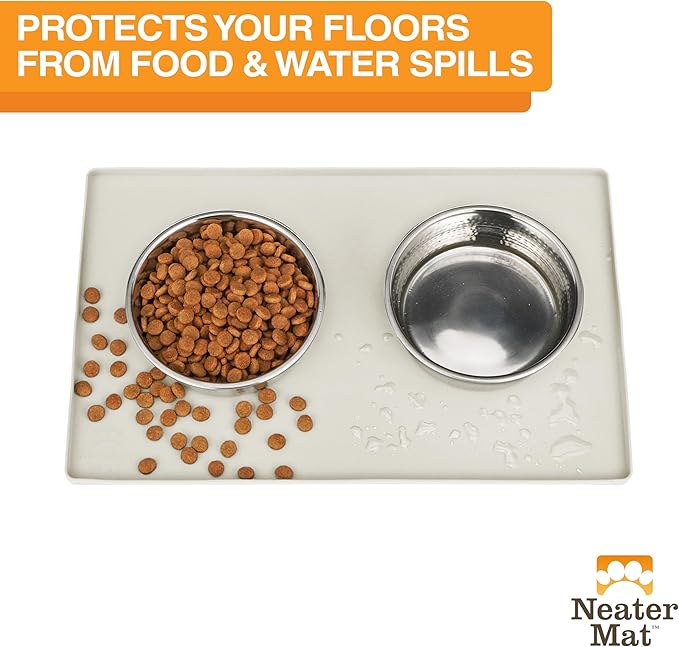 Neater Pet Brands Neater Mat Pet Mats for Food and Water, Cat & Dog Bowl Mat Waterproof Silicone, Feeding Tray, Dog Food Mats for Floors, Placemat w/Raised Edge for Under Bowls, 16” x 10”, Cream