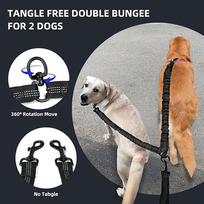 Uppetly Hands Free 2 Dog Running Leash with Waist Belt, Dual Handle Elastic Bungees Retractable Rope for Medium and Large Dogs, Reflective Stitches for Walking Hiking Biking (Large Blue, 25-120lb)