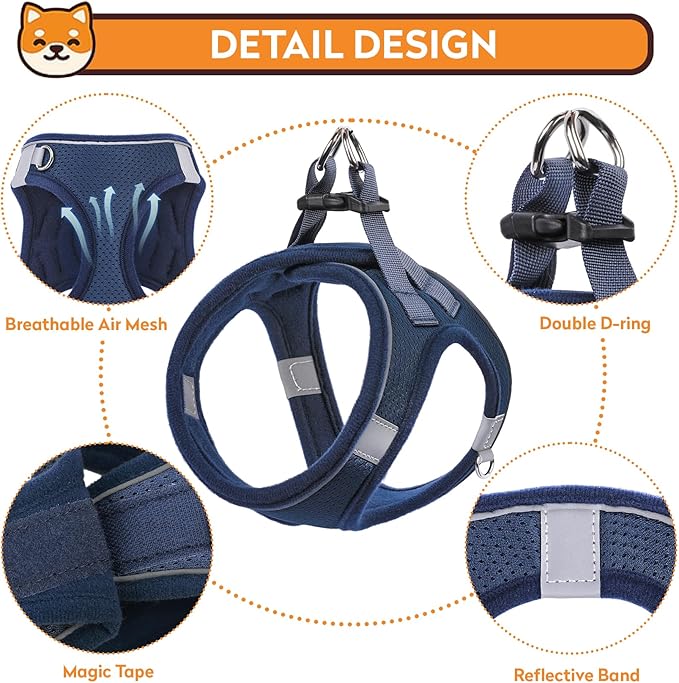 Dog Harness with Leash Set, No-Pull Step-in Reflective Pet Harness with 1 Leash Clips, Adjustable Soft Padded Easy Walk Dog Vest for Small Medium Large Dogs, Cats(Dark Blue, XXSmall)