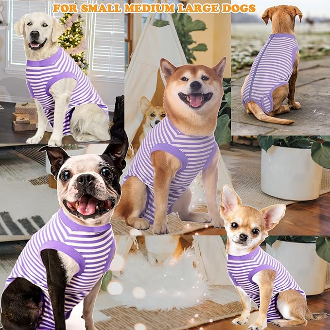Dog Recovery Suit Female Spay Male Surgery Recovery XXX-Large Shirt,Soft Combed Cotton Puppy Suit,3XL Purple-White Striped