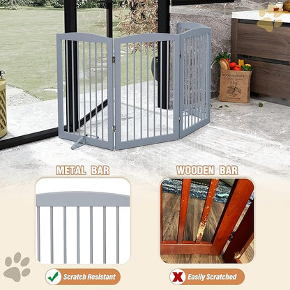 PUPETPO Freestanding Pet Gate for Dogs, Indoor Wooden Dog Gate for House, Foldable Dog Gate for Doorway, Stair, Gates for Dogs Indoor, 80 Inch Wide, 4 Panels 32", Grey