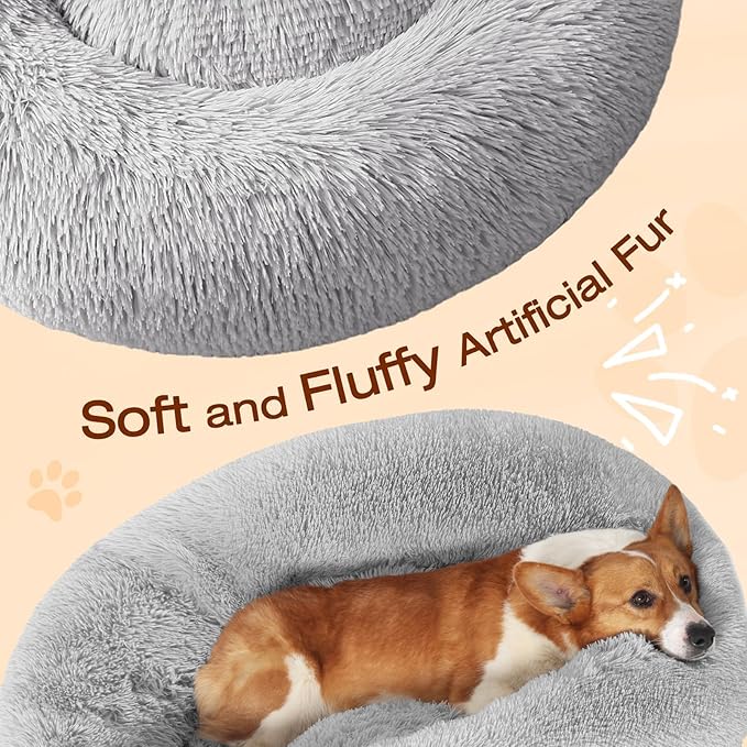 JOLLYVOGUE Small Dog Bed, Calming Soft Anti-Anxiety Donut Cat Bed, Washable Round Fluffy Cushion for Small and Medium Pets (20")