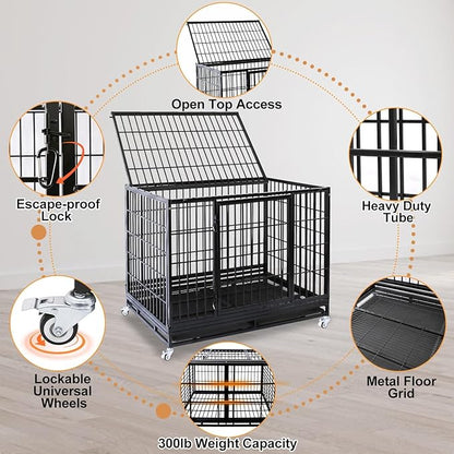 Heavy Duty Dog Crates for Large Dogs, Homey Pet 47 Inch Stackable Large Dogs Cage Kennel Indoor with 4 Lockable Wheels, 2 Trays, Metal Grids, Double Doors, Big Metal Wire Dog Crate