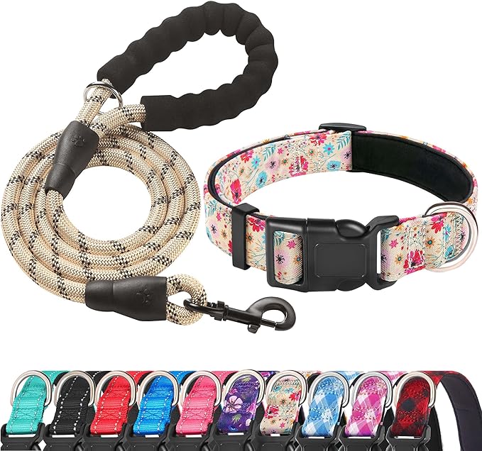 Ladoogo Reflective Dog Collar Padded with Soft Neoprene Breathable Adjustable Nylon Dog Collars for Small Medium Large Dogs (Large (Pack of 1), Vanila/Pink Floral Collar+Leash)