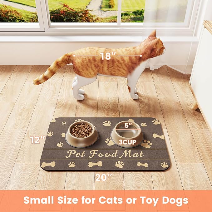 Pet Feeding Mat-Absorbent Pet Placemat for Food and Water Bowl, with Waterproof Rubber Backing, Quick Dry Water Dispenser Mat for Dog and Cat (20"x12", Brown)