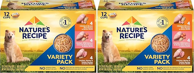 Nature's Recipe Chicken, Salmon and Turkey Recipes Variety Pack Wet Dog Food, 12-2.75 oz. Cups, 2 Count (Pack of 2)