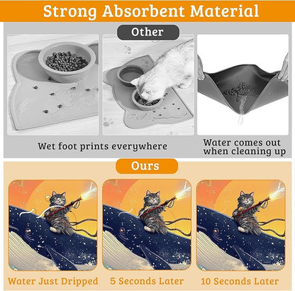 Dog Bowl Mat,Cat Shark Pet Feeding Mat for Floors Waterproof,Ocean Wave Absorbent Dogs Placemat for Food and Water Quick Dry Pet Cat Feeding Mats with Non Slip Bottom 12" x 20"