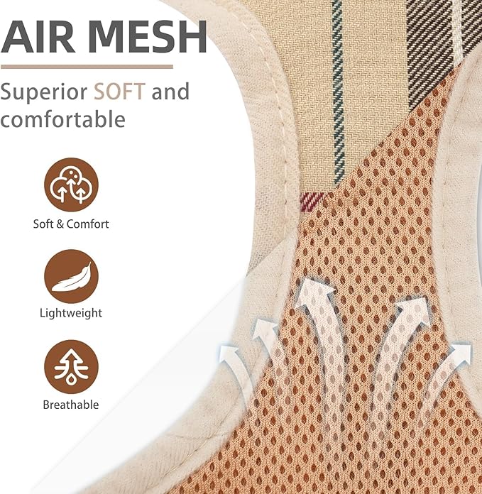 PUPTECK Soft Mesh Dog Harness and Leash Set Step-in Plaid Puppy Padded No Pull Vest Harness for XS Small Sized Dogs Cats Outdoor Walking, Beige S