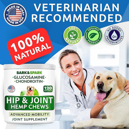 Bark&Spark Advanced Hemp Chews for Dog Joint Pain Relief - Glucosamine Chondroitin Hemp Treats Hip Joint Health - Joint Supplement Large Breed & Small - Treats Joints Old Senior Dog (120Ct/Bacon)