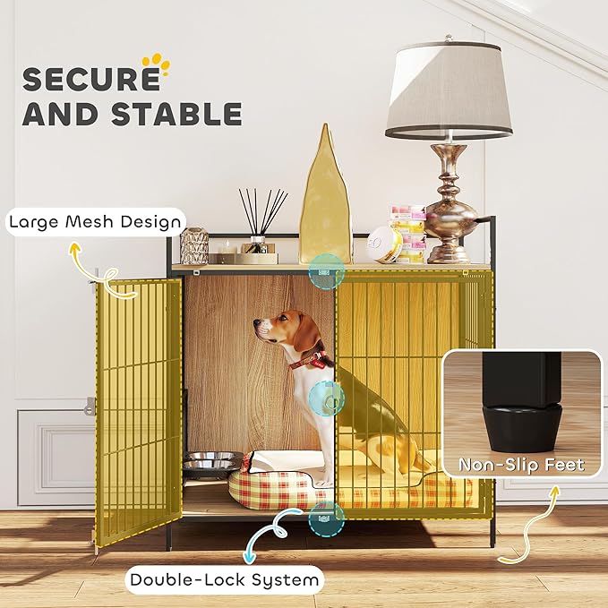 PawHut Dog Crate Furniture with Rotating Bowls, 30 Inch Pet Kennel Furniture End Side Table with 2 Doors, Top Storage Shelf, for Indoor Medium Dogs, Oak