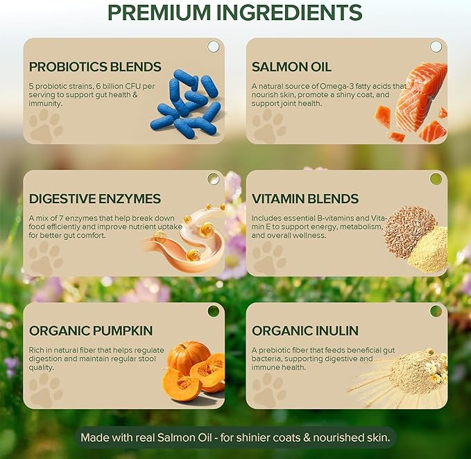 Probiotics for Dogs - Dog Probiotics for Yeast, Itchy Skin and Itchy Ears, Digestive Health, Diarrhea Relief, Gut & Immune Support - with 7 Enzymes, 3 Prebiotics & Omega-3 (Duck 120ct)