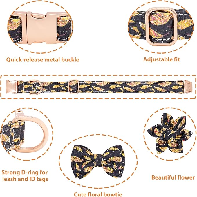 Dog Collar and Leash Set Adjustable Girls Puppy Floral Collars with Bow Tie for Small Medium Large Dogs(L, Feather)