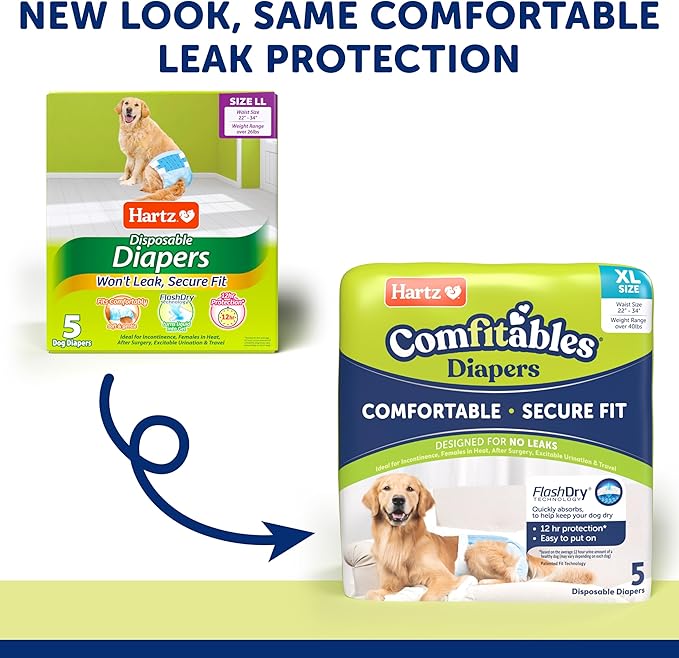 Hartz Comfitables Disposable Dog Diapers, Size XL 5 count, Comfortable & Secure Fit, Easy to Put On, Super Absorbent Male and Female Diaper