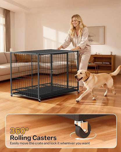 HIWOKK 48 Inch Large Dog Crate, Escape Proof Dog Cage with Dual Door Lock and Swivel Casters,Removable Tray for Easy Cleaning, Dog Kennel Indoor Outdoor Use
