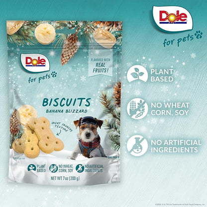 Dole for Pets Dog Biscuits Banana Blizzard Winter Flavor, Real Fruit Flavor Vegan Crunchy Treats, No Wheat Corn Soy or Artificial Additives, Bite Size Training Snacks for Dogs, 7 Oz