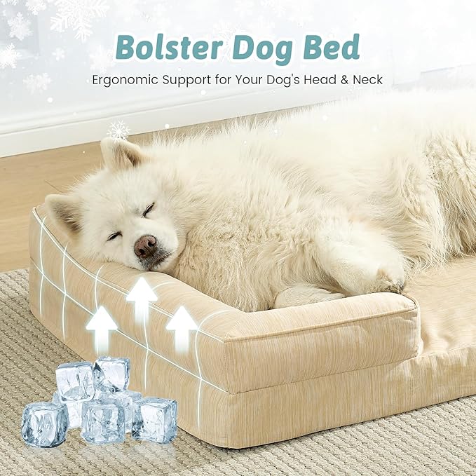 Cooling Dog Bed for Extra Large Dogs 44x32 inch, Q-Max >0.4 Summer Cool Orthopedic Foam Pet Sofa Bed with Sides, XL Size Bolster Anti-Slip Couch with Washable Removable Cover, Beige
