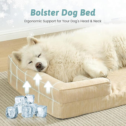 Cooling Dog Bed for Extra Large Dogs 44x32 inch, Q-Max >0.4 Summer Cool Orthopedic Foam Pet Sofa Bed with Sides, XL Size Bolster Anti-Slip Couch with Washable Removable Cover, Beige