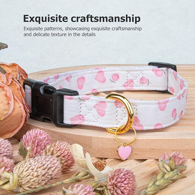 Cotton Handmade Dog Collar Cute and Distinctive Patterns White and Pink Love Heart with Pendant for Girl Boy Dogs Collars M